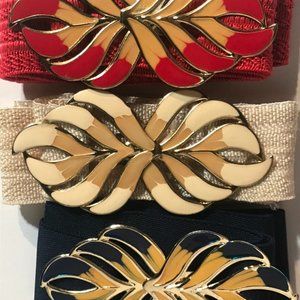 Vintage 80s Enamel Buckle Stretch Belts Red, Navy and Cream